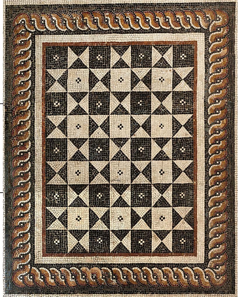 No.1 - Detail of central mosaic in photo above.
“A Second Style composite pavement at Portici in opus tessellatum consisting of 63 squares (7 x 9) of alternating positive and negative geometrical space in black and white tesserae, creates the optical illusion of superimposed rotated dotted squares.
The central panel is surrounded by a long band of braided guilloche in white, yellow and red on a black background.”
See Papaccio, V. The floors of the Villa dei Papiri. (p.56-63, of Buried by Vesuvius, the Villa dei Papiri at Herculaneum, edited by Kenneth Lapatin).
Photographed at Reggia di Portici, October 2013. Mosaic pavements in Royal Apartments.
Photo courtesy of Frédérique Marchand-Beaulieu and Helen Dessales.
©Villa Diomedes Project, Image database, http://villadiomede.huma-num.fr/bdd/images/5292